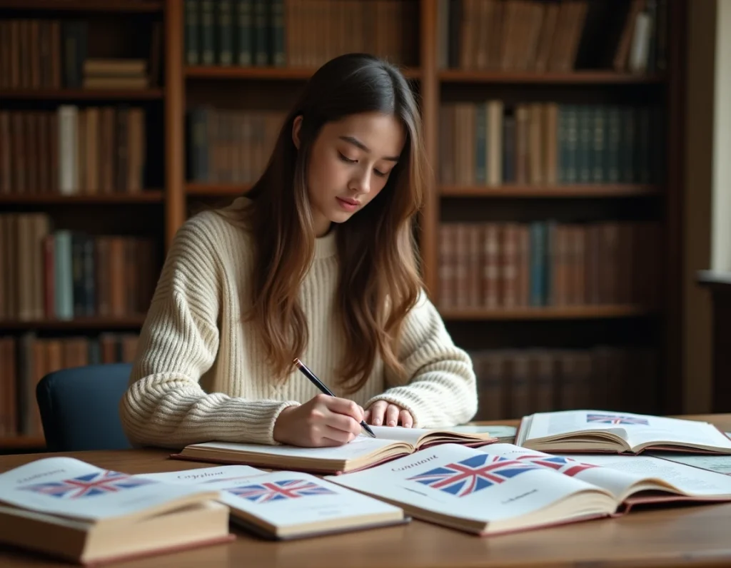 Femme étudiant les noms et origines des drapeaux britanniques avec des livres de référence