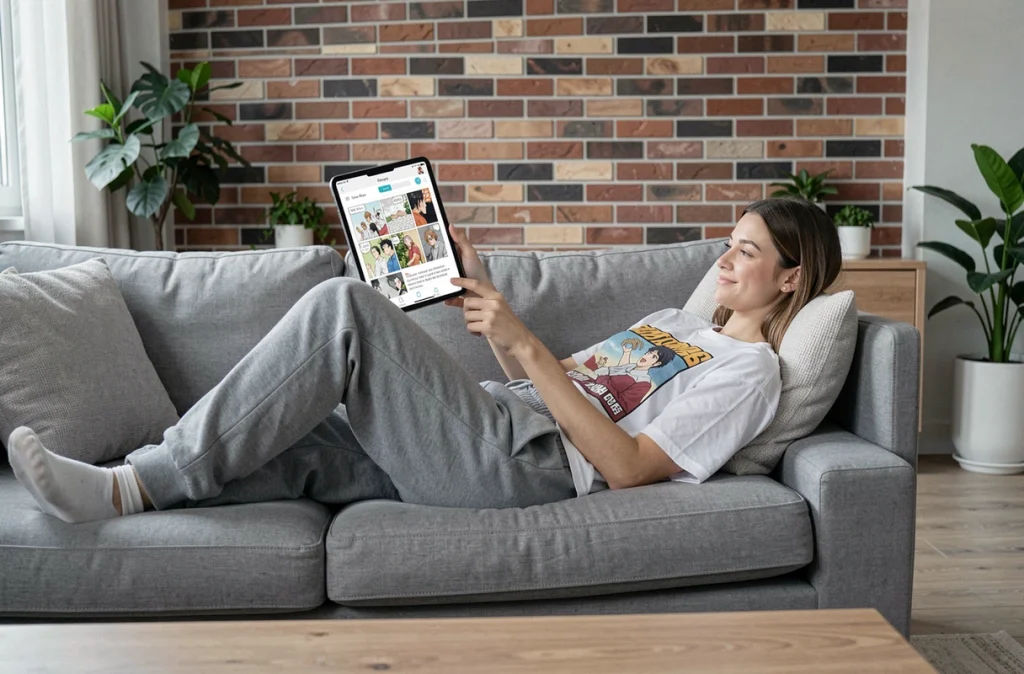 Jeune femme lisant un manga sur tablette allongée sur un canapé dans un appartement moderne