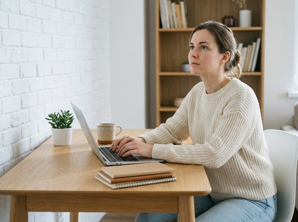 Jeune femme travaillant sur un ordinateur portable dans un bureau à domicile minimaliste