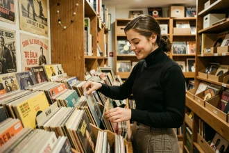 Jeune femme en tenue années 60 feuilletant des disques vinyles dans une boutique de musique parisienne vintage, entourée d'affiches de cinéma françaises