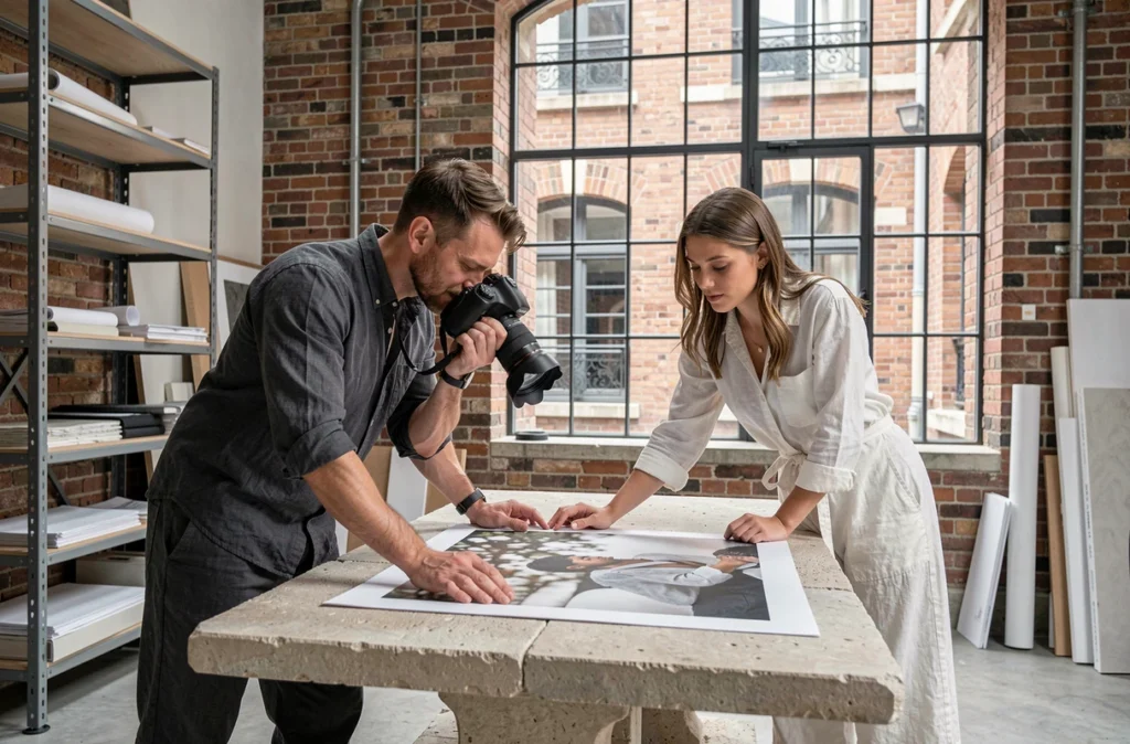 Les photographes de Février Photographie collaborant autour d'un tirage dans un atelier parisien en brique apparente