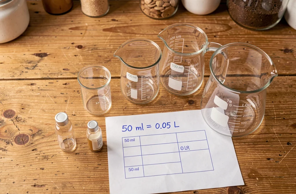 Vue de dessus d'un ensemble de récipients gradués de 50 ml et 1 litre sur une table en bois avec une fiche de conversion manuscrite