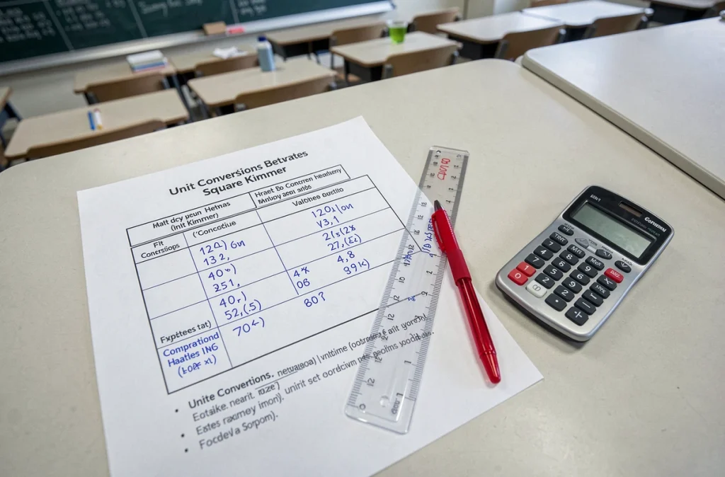 Vue du dessus d'une fiche de conversion hectares en kilomètres carrés avec calculatrice et règle sur un bureau scolaire
