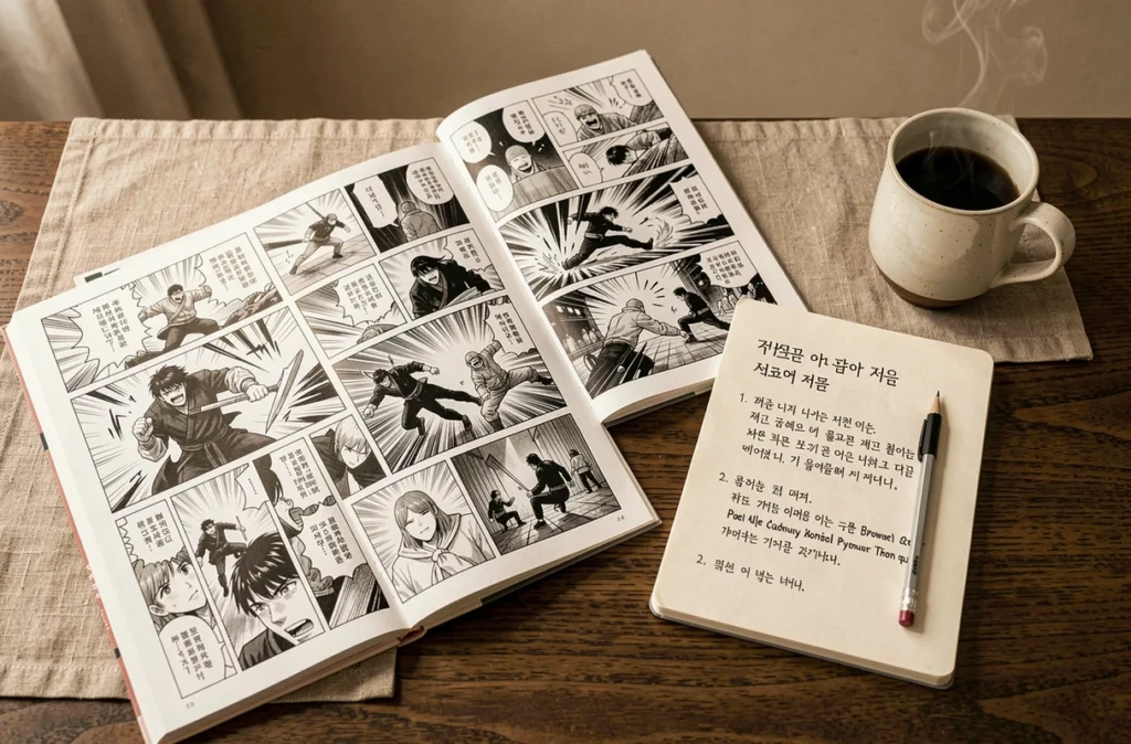 Flat lay éditorial de volumes de manhwa ouverts et notes de progression narrative sur un bureau en bois sombre
