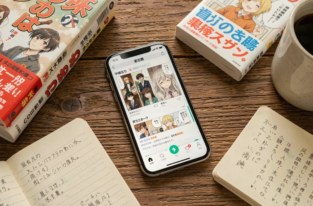 Flatlay d'un smartphone affichant une plateforme de lecture manga entouré de volumes manga physiques et d'un carnet de notes