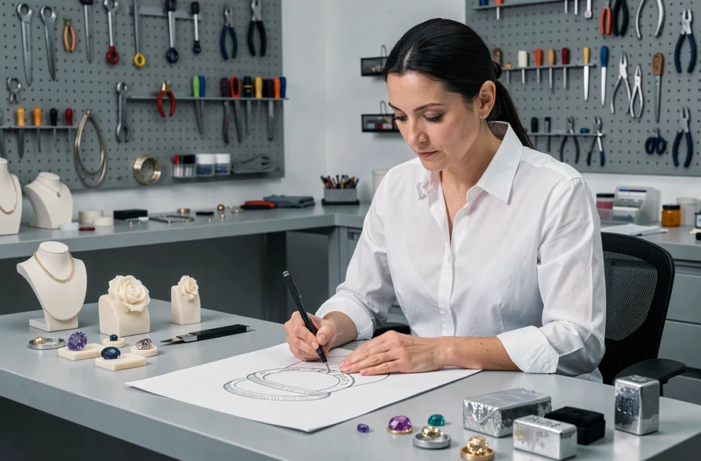 Designer de Froehly Création esquissant un modèle de bague entourée de maquettes en cire et d'échantillons de pierres