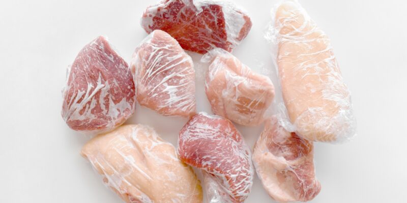 Frozen meat in cling film or plastic wrap.