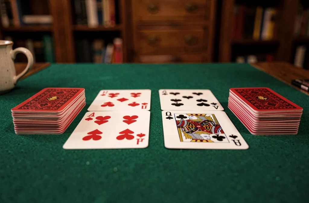 Gros plan sur une disposition de cartes de crapette sur un tapis de jeu vert avec deux piles bien organisées