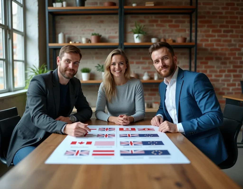 Groupe de personnes analysant une affiche illustrant les noms officiels des drapeaux anglophones