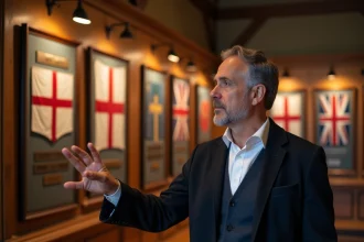 Historien expliquant les noms des drapeaux anglais dans un musée du patrimoine britannique
