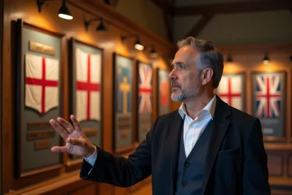 Historien expliquant les noms des drapeaux anglais dans un musée du patrimoine britannique