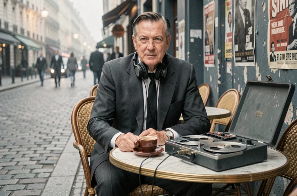 Homme élégant en costume années 60 écoutant de la musique sur un magnétophone à bobines dans un café parisien avec des affiches de cinéma vintage