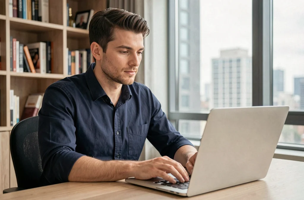 Homme consultant un site de rencontres alternatif sécurisé depuis son appartement
