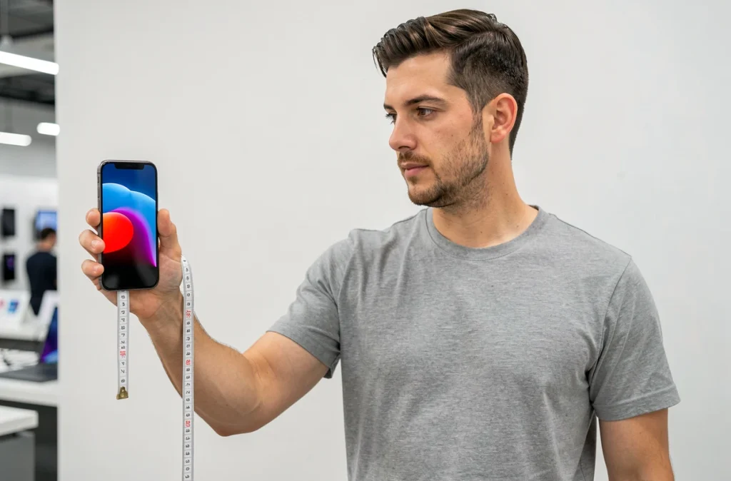 Homme tenant un grand smartphone 6,8 pouces avec un mètre ruban comparant la taille en centimètres