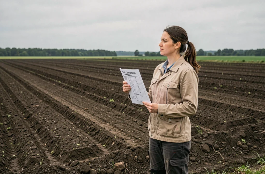 Ingénieure agricole tenant une fiche de conversion hectares kilomètres carrés au bord d'un champ cultivé