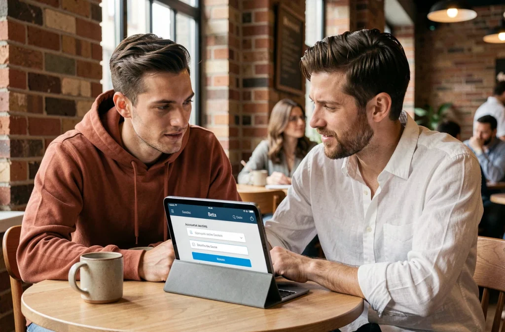 Deux collègues explorant les étapes d'inscription à une application bêta sur une tablette dans un café