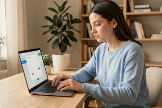 Jeune femme s'inscrivant sur un site de jeux en ligne depuis son ordinateur portable dans un bureau à domicile