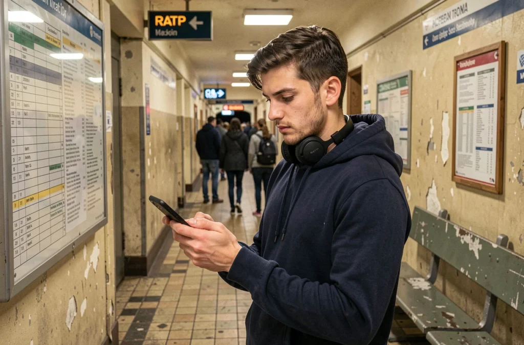 Jeune homme comparant les informations de son téléphone au panneau horaire affiché dans un couloir de station de métro RATP