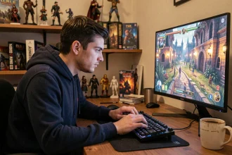 Joueur concentré sur une quête dans un jeu RPG fantasy sur son ordinateur, illustration du guide de quête Dofus Il y a un os de Wabbit