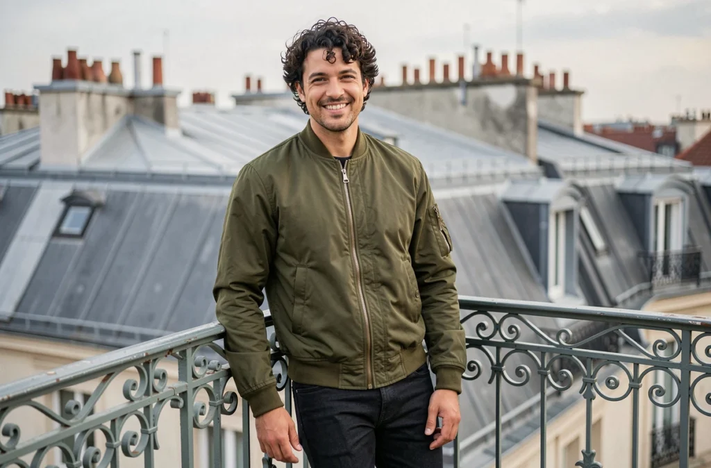 Kriss Logan, photographe portrait parisien, sur un balcon hausmannien avec vue sur les toits de Paris