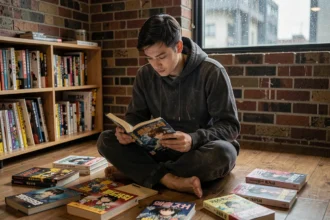 Jeune homme passionné de manhwa assis entouré de volumes de webtoons coréens dans un appartement urbain