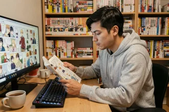 Jeune homme lisant des mangas en ligne sur un ordinateur dans un bureau cosy entouré de volumes manga