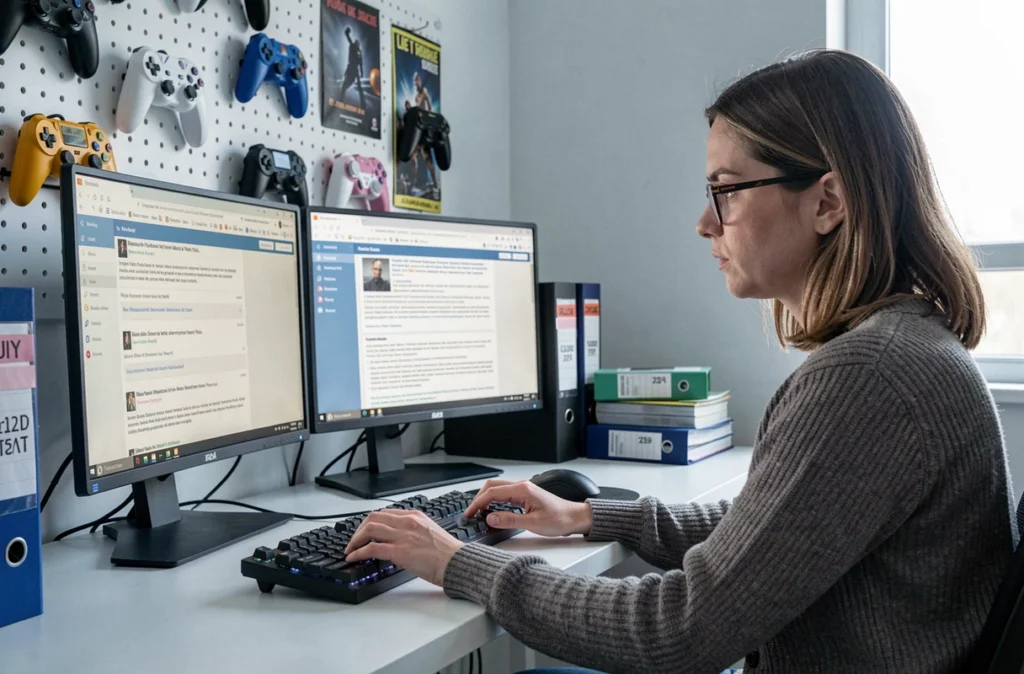 Femme analysant des archives de threads de forum gaming sur double écran avec documents de droits numériques et classeurs de sauvegarde