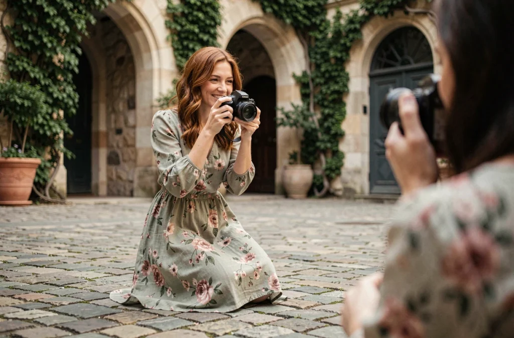 Lucie Leblond, photographe portrait, en action dans une cour pavée du Marais à Paris avec son appareil photo