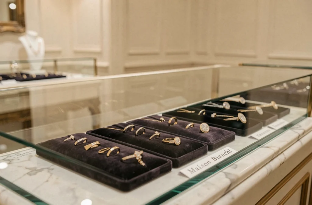 Vitrine de la Maison Bianchi avec des bagues en or et pendentifs diamantés sur velours sombre