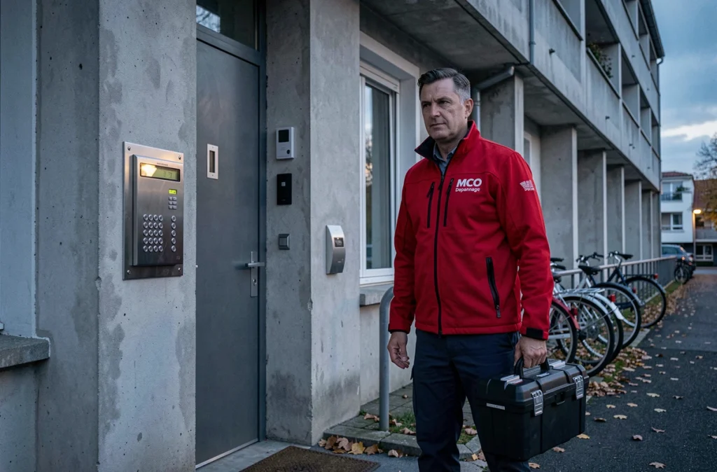Serrurier MCO Depannage arrivant en urgence devant un immeuble résidentiel français avec sa caisse à outils
