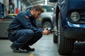 Mécanicien automobile vérifiant la pression des pneus avec un manomètre numérique dans un garage professionnel