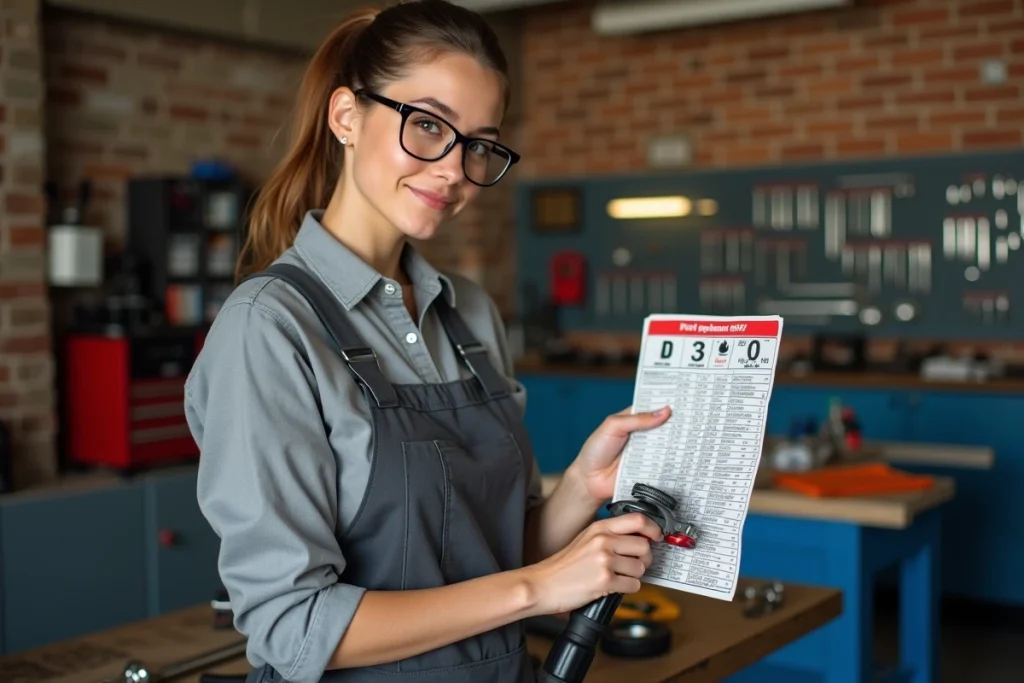 Mécanicienne consultant un tableau de conversion psi en bar pour la pression des pneus dans un atelier automobile
