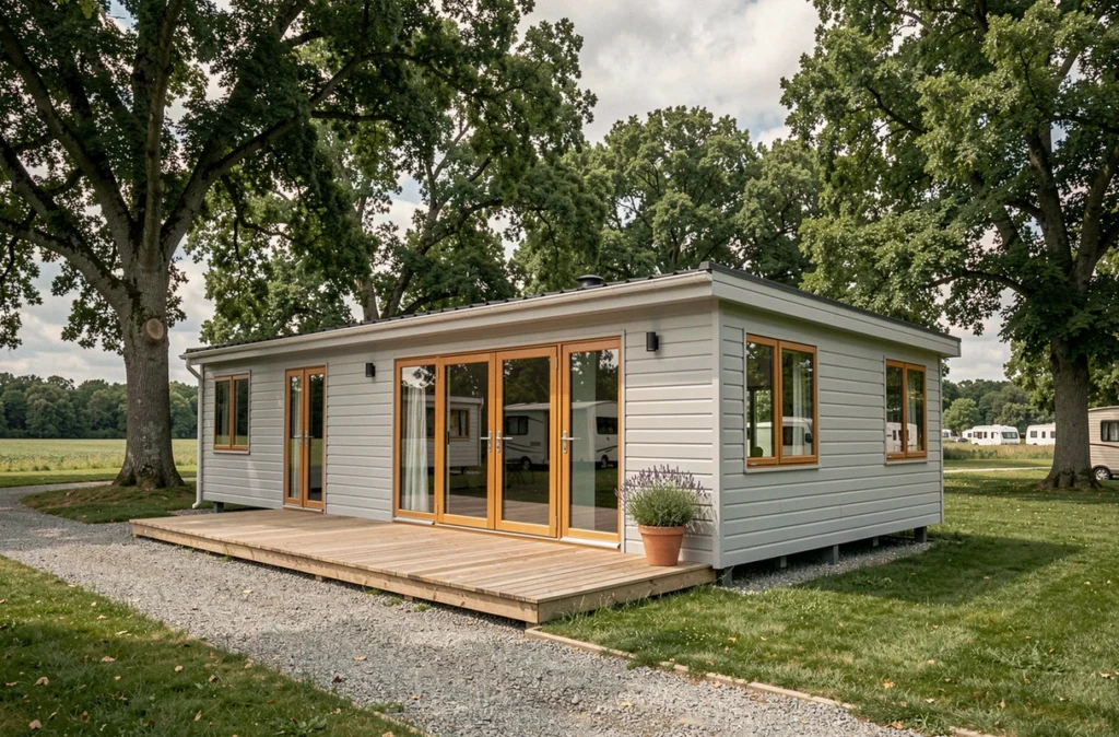 Mobil-home haut de gamme de fabrication française installé dans un camping verdoyant entouré de chênes en France