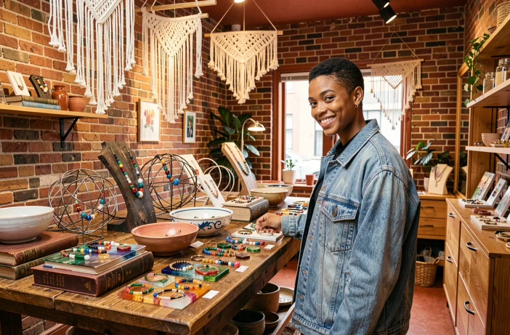 Cliente explorant les bijoux colorés en résine et matériaux mixtes de Mojimeeehouse dans une boutique éclectique aux murs en brique