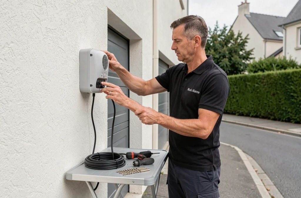 Technicien Music Alarme installant une sirène d'alarme sans fil sur la façade d'une maison résidentielle