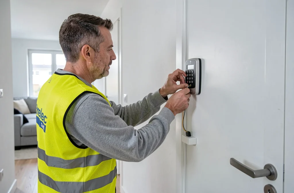 Technicien Orelec Sarl installant une serrure électronique à clavier sur une porte de maison neuve