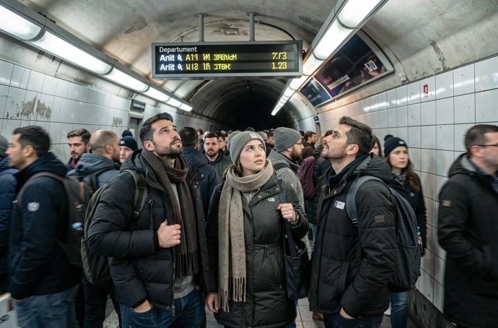 Groupe de passagers consultant un panneau d'information perturbé sur un quai de métro parisien bondé