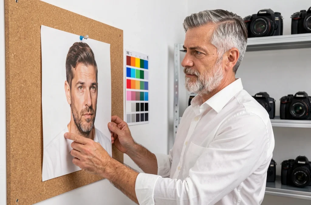 Pierre Torset, photographe portrait parisien, examinant un tirage grand format dans son studio minimaliste blanc