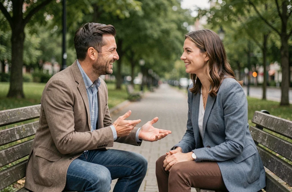Premier rendez-vous entre deux personnes issues d'une plateforme de rencontre alternative dans un parc urbain