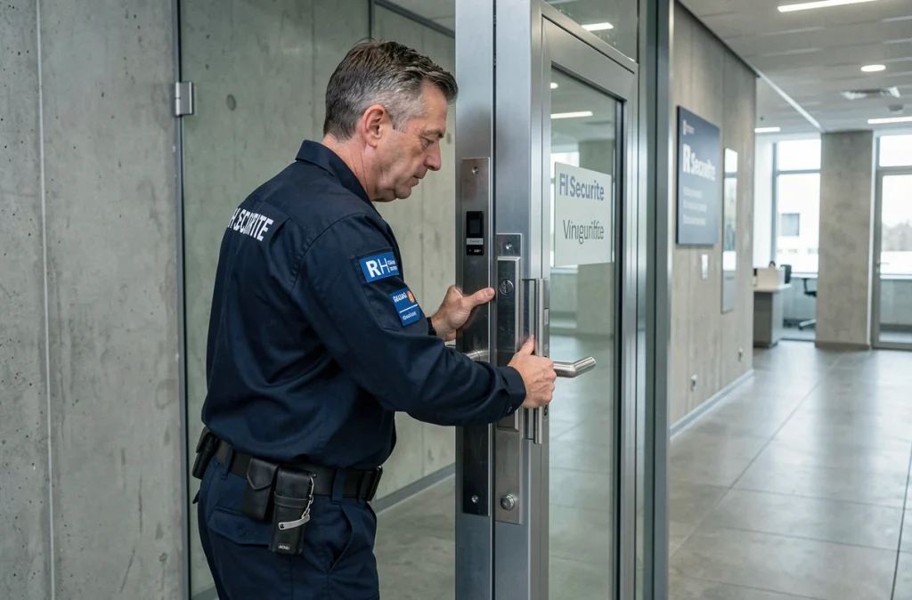 Technicien R H Securite inspectant une porte renforcée dans un immeuble de bureaux en France