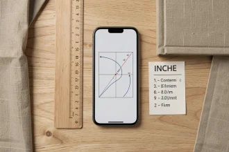 Smartphone 6,8 pouces posé à plat avec une règle montrant la conversion en centimètres sur un bureau en bois