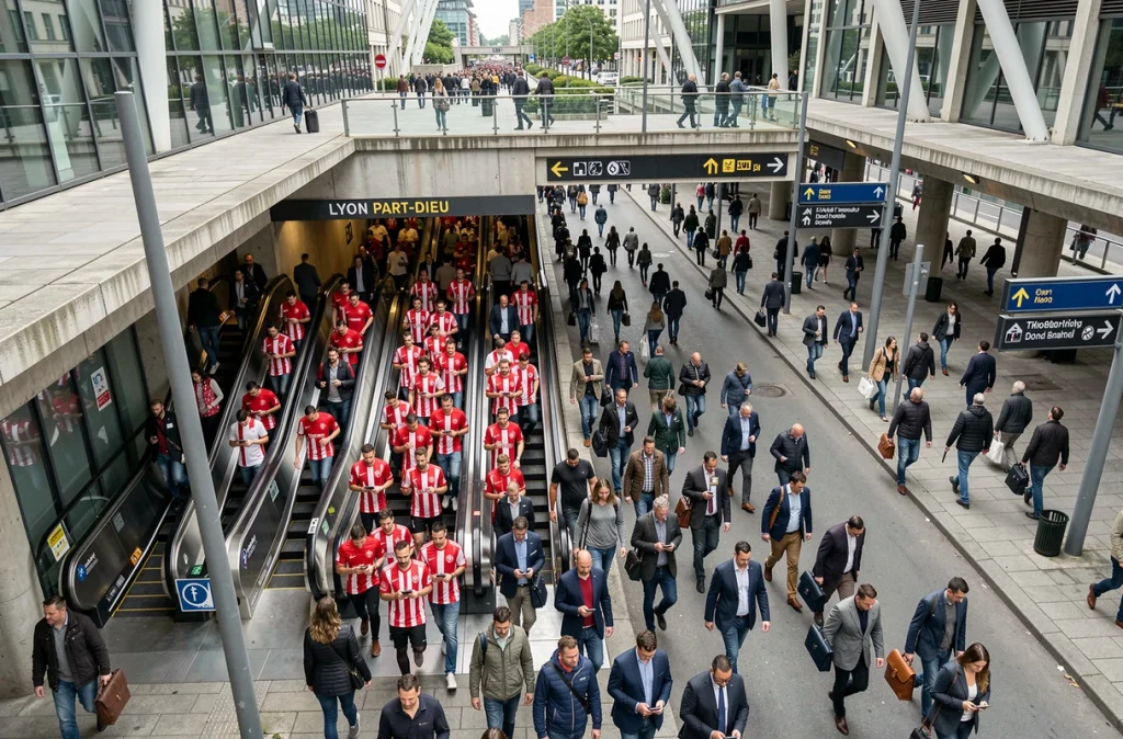 Sortie de métro Part-Dieu à Lyon envahie de supporters lors d'un jour de match