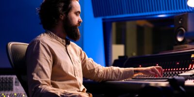 Sound expert working on recording and composing new tracks
