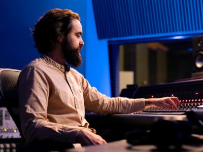 Sound expert working on recording and composing new tracks