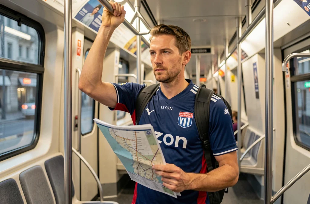 Supporter de l'OL dans le métro de Lyon avec un plan de transport en main pour rejoindre le stade