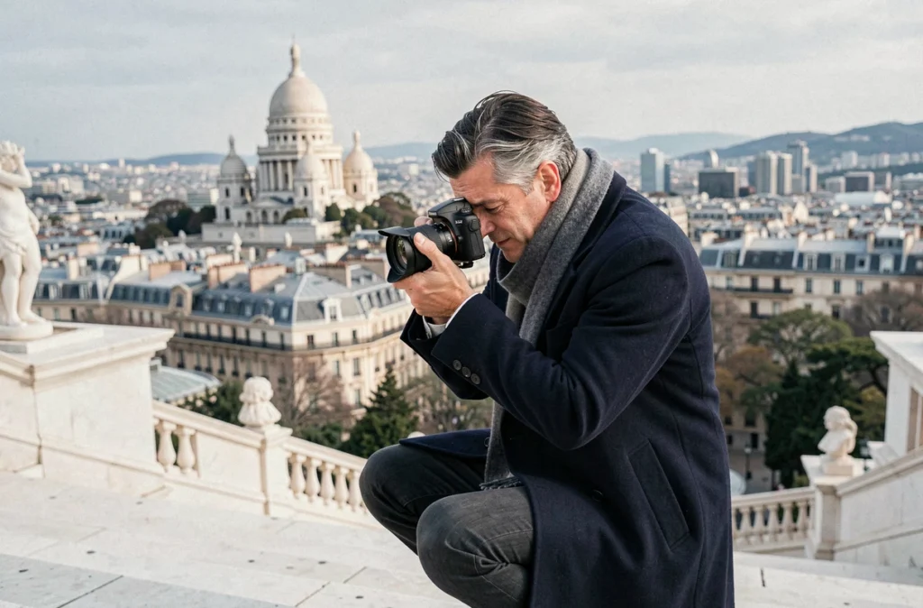 The Paris Photographer photographiant sur les marches du Sacré-Cœur avec le panorama de Paris en arrière-plan