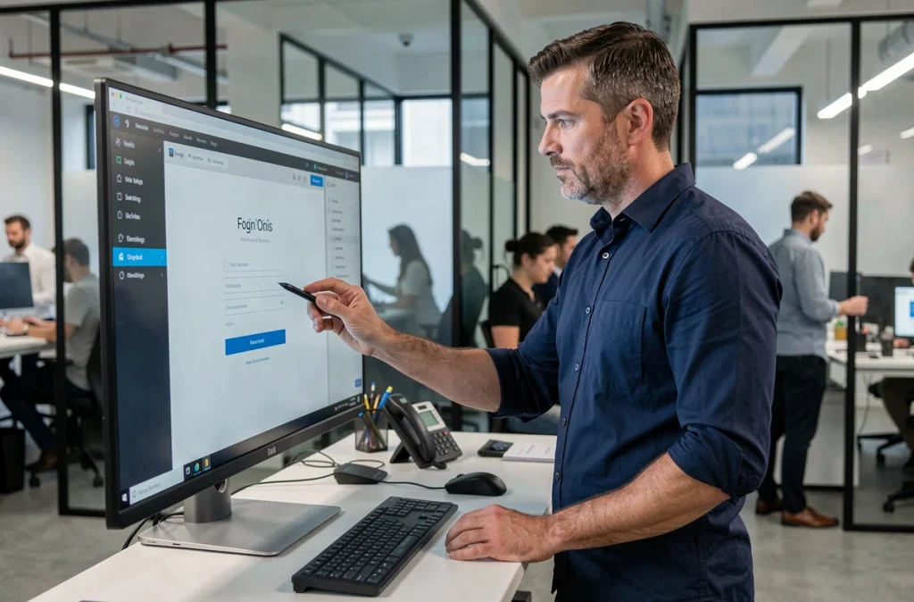 Homme utilisant une interface logicielle en version bêta dans un bureau en open space