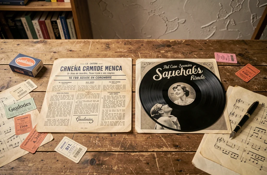 Disque vinyle 45 tours et programme de cinéma des années 60 posés sur une table en bois avec des objets vintage français évoquant la culture musicale et cinématographique de l'époque