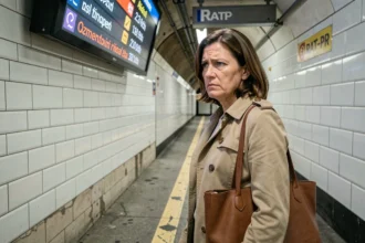 Voyageuse frustrée regardant un panneau d'affichage des temps d'attente dans une station de métro RATP parisienne