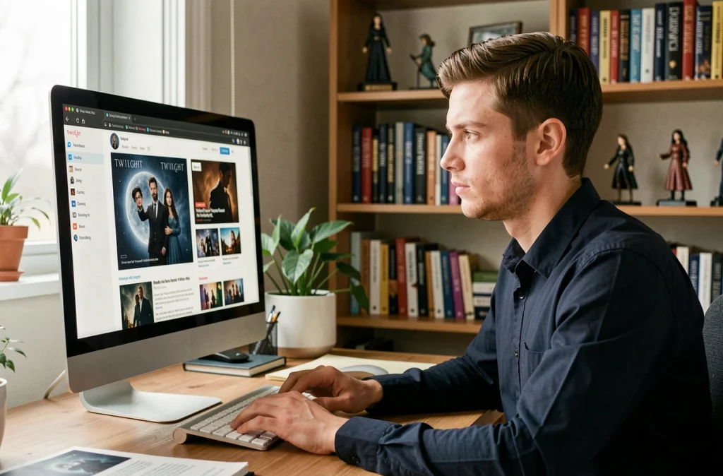 Webmaster passionné gérant un site fan sur Jackson Rathbone et la saga Twilight depuis son bureau à domicile